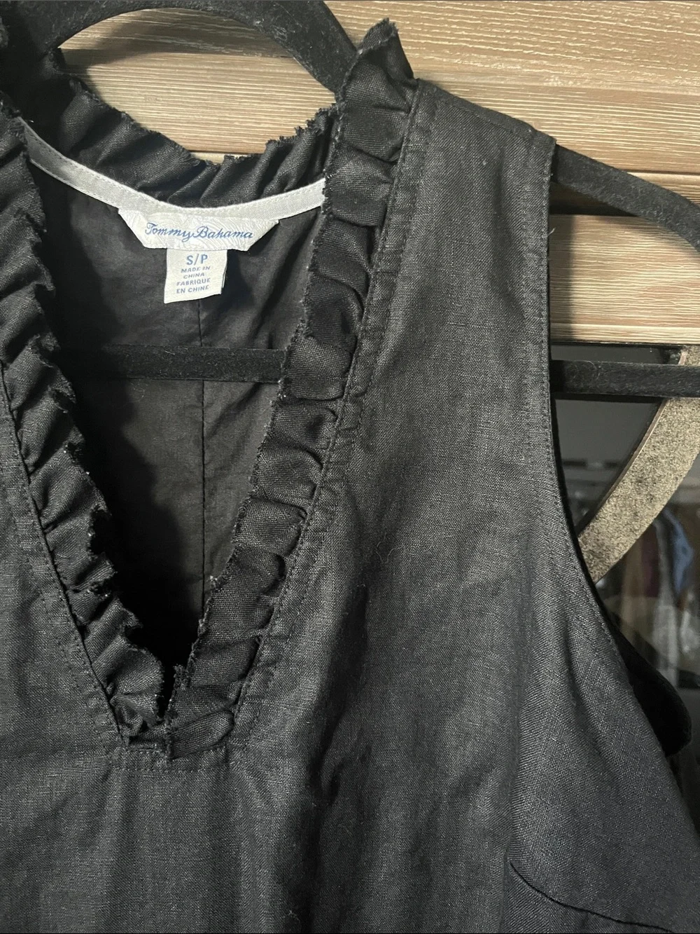 Tommy Bahama Black Ruffle V-Neck Dress 100% linen shell; 100% cotton lining
